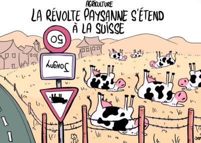 dessin de presse agriculteurs suisse révolte paysanne panneau retournés vaud