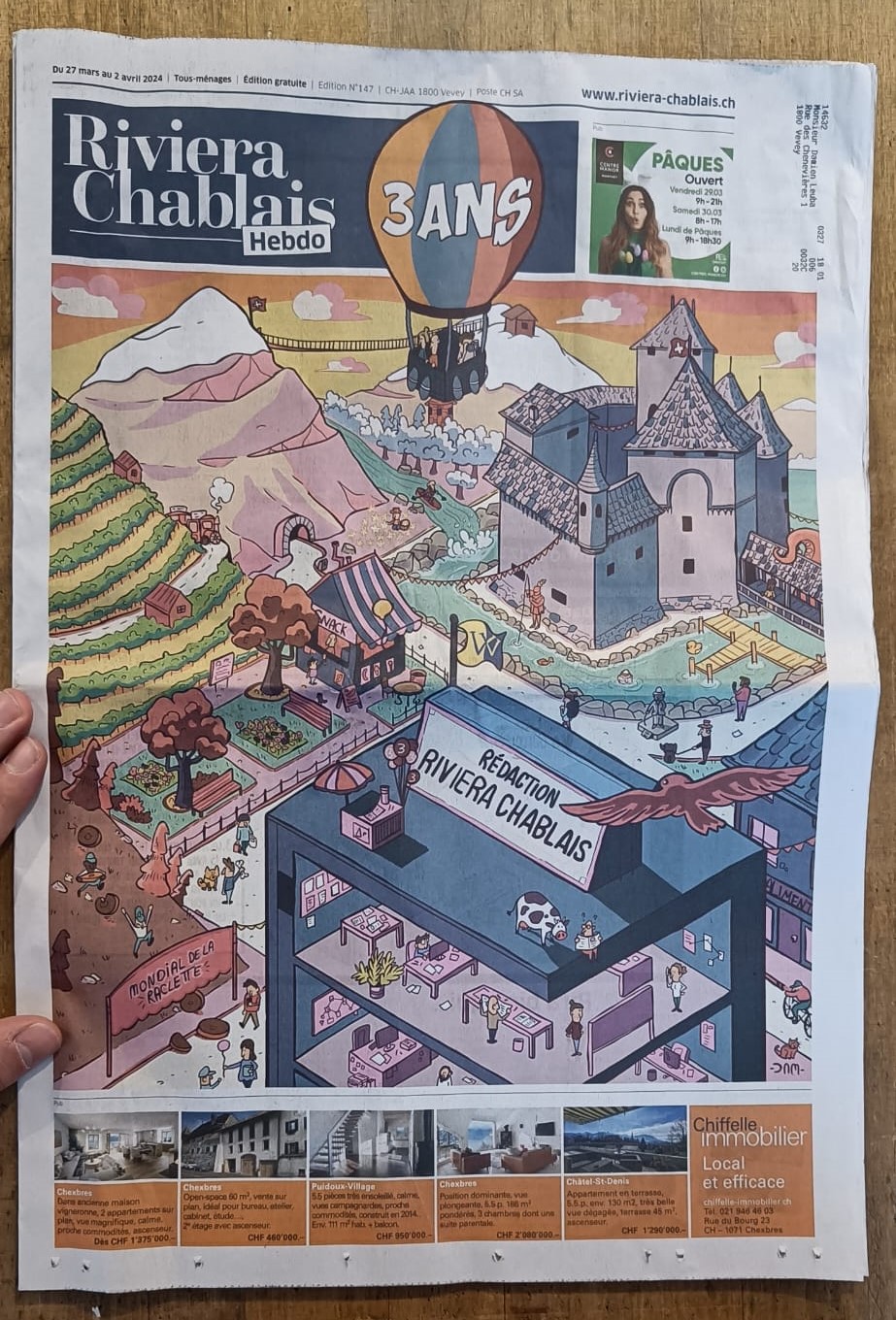 Illustration de couverture du journal Riviera Chablais à l'occasion des 3 ans