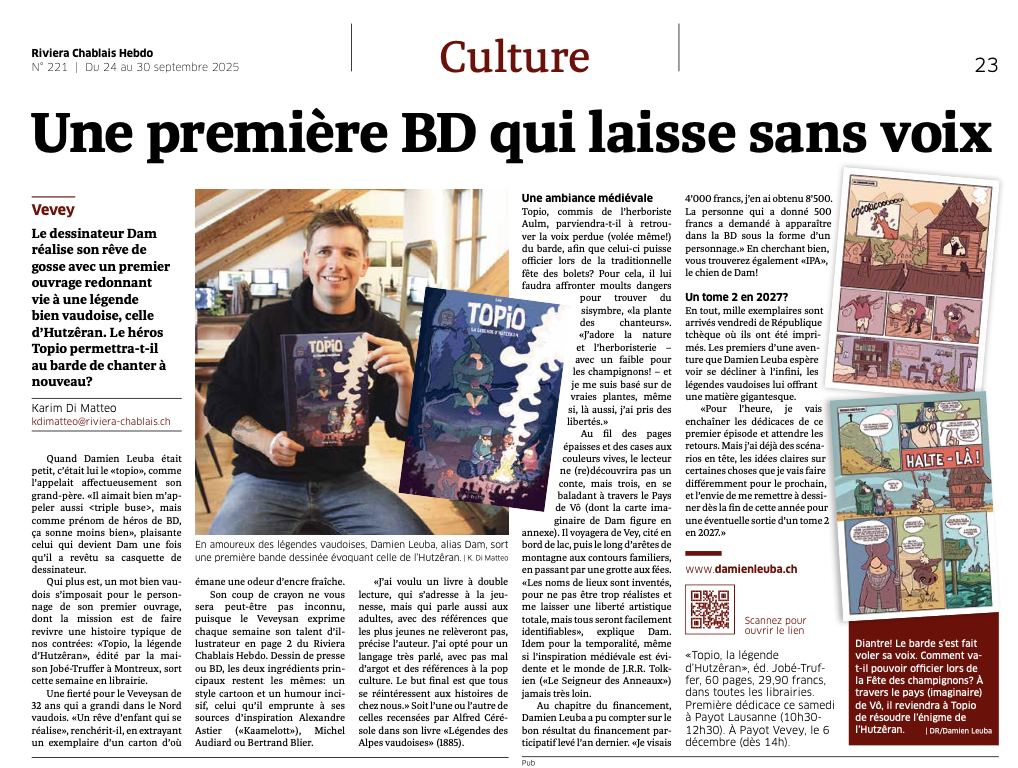 interview riviera chablais hebdo damien leuba pour topio, la légende d'hutzêran